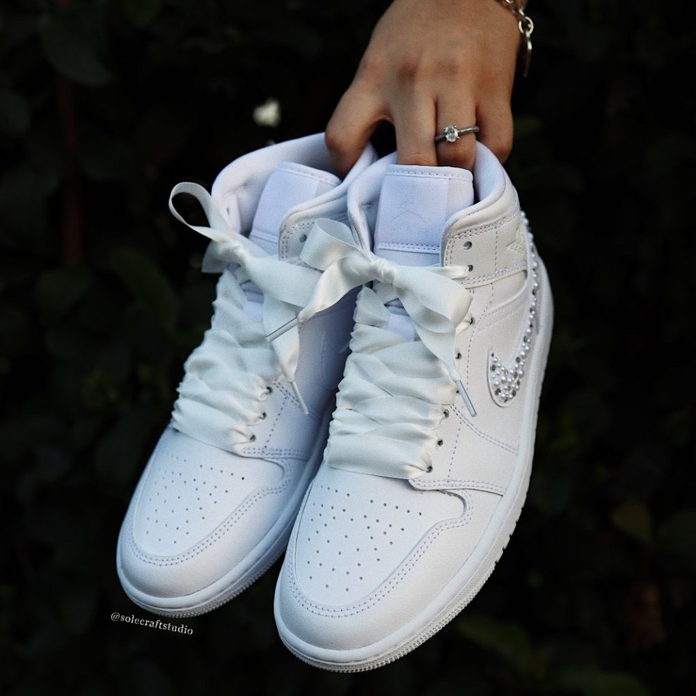 Wedding Sneakers for Bride Personalized Jordan 1 Mid with Rhinestones & Pearls - Picture 7 of 8